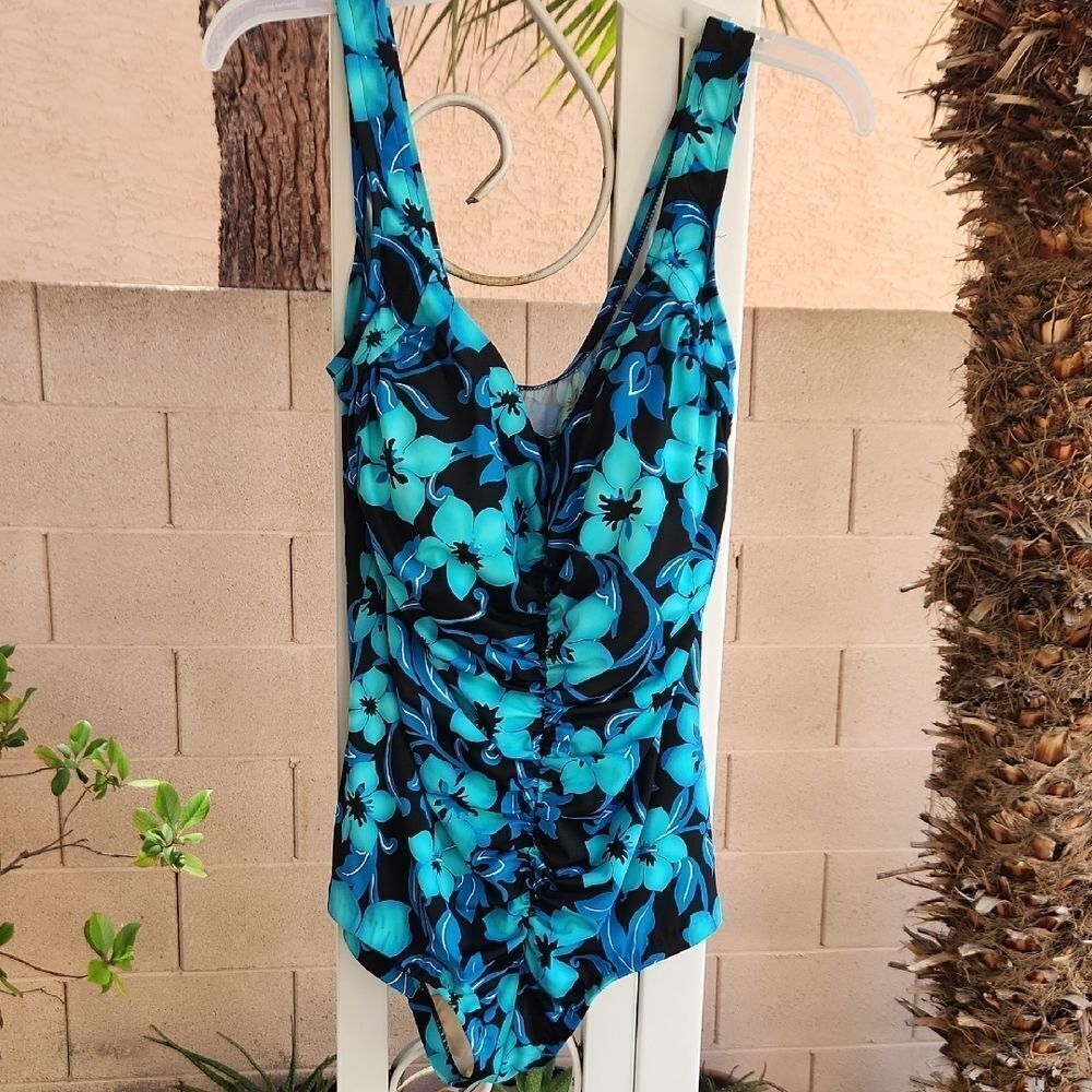 Maxine of Hollywood Blue and Black One Piece Swimsuit V-Neck